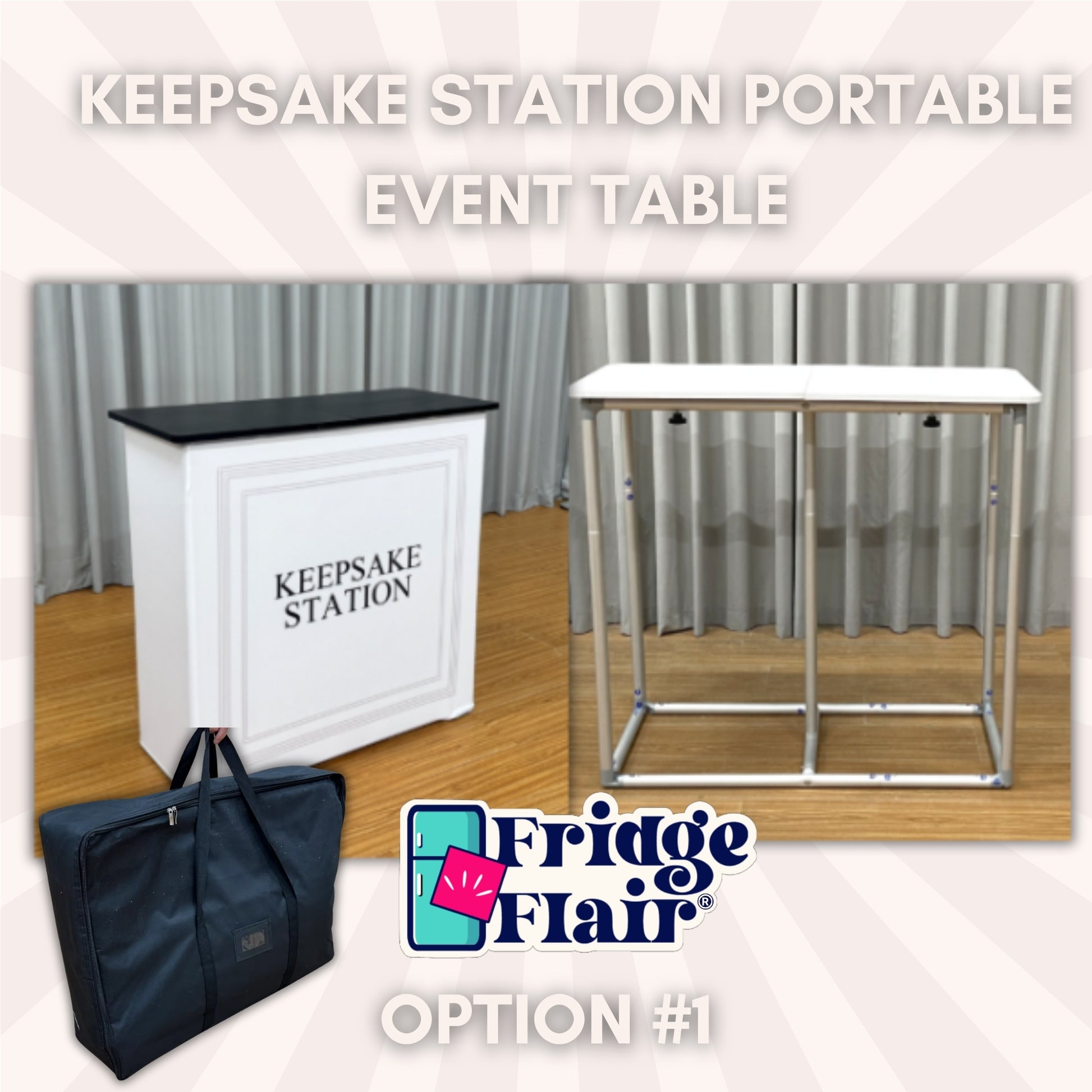 Portable event table with 'Keepsake Station' branding and Fridge Flair logo.