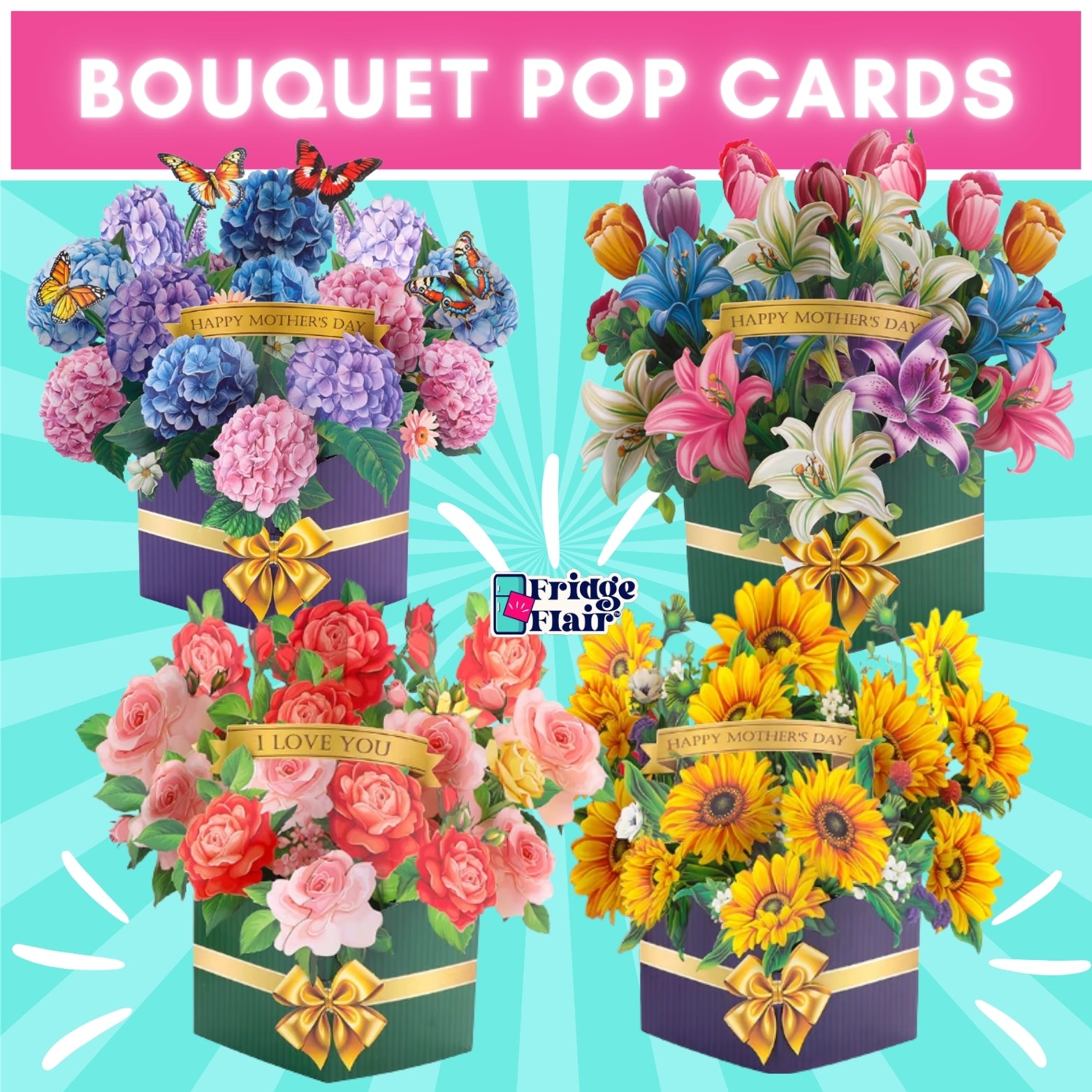 Bouquet Pop Up Cards Set - Hydrangeas, Lilies, Roses and Sunflowers.