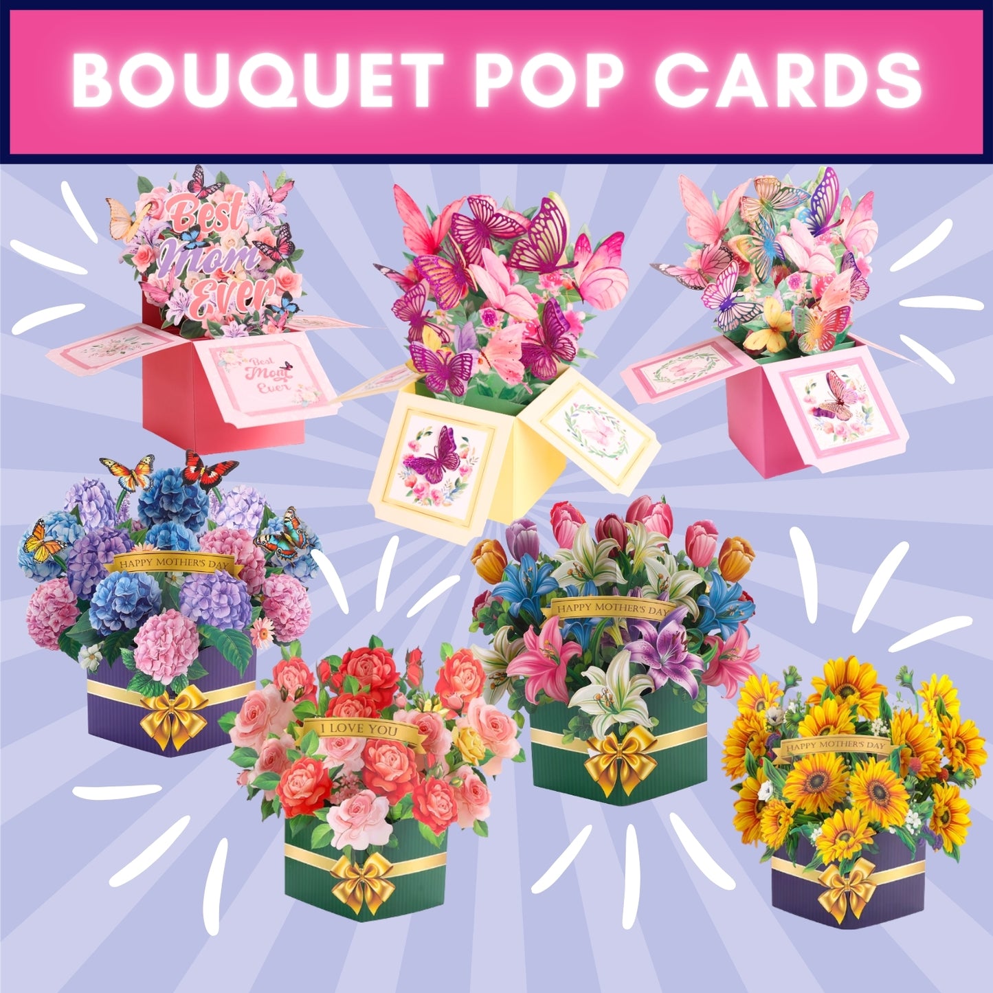 Bouquet pop cards with colorful flowers and butterflies on a blue background