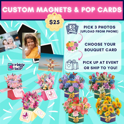 Promotional graphic for custom magnets and pop cards with floral arrangements and pricing information.