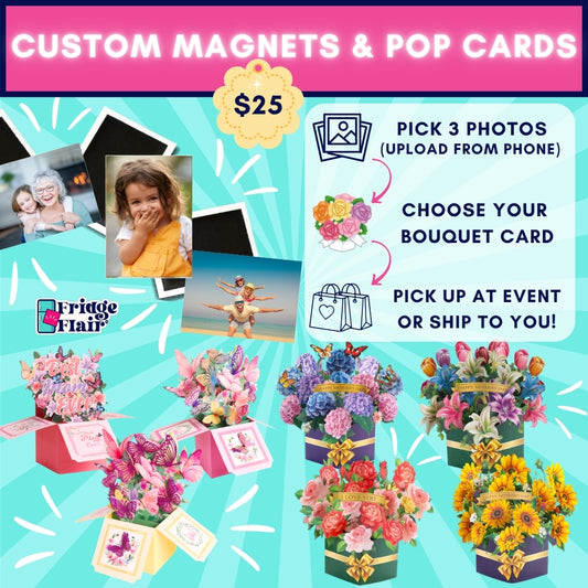 Promotional graphic for custom magnets and pop cards with floral arrangements and pricing information.